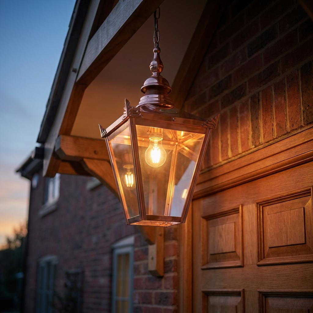 Traditional copper lantern pendant light hanging from a wooden porch beam outside a brick house at dusk.