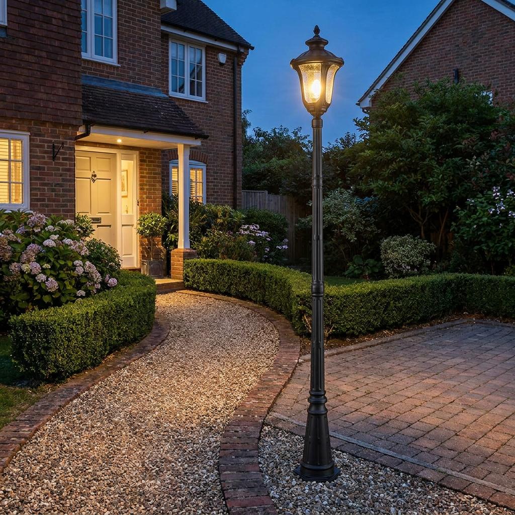 Illuminated Elstead Chicago outdoor lamp post lighting a gravel garden path leading to a brick house at twilight.