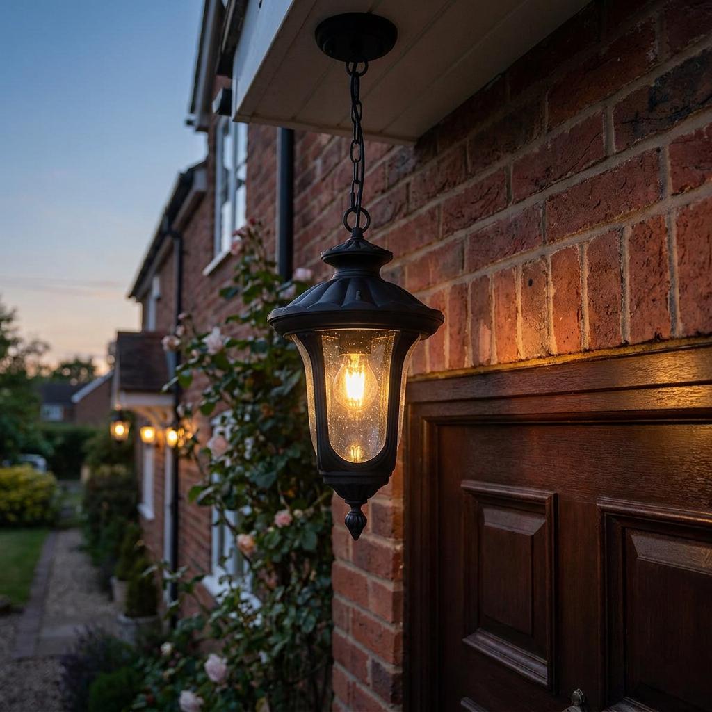 Black hanging chain lantern with a glowing bulb mounted on a brick wall above a wooden door at dusk.