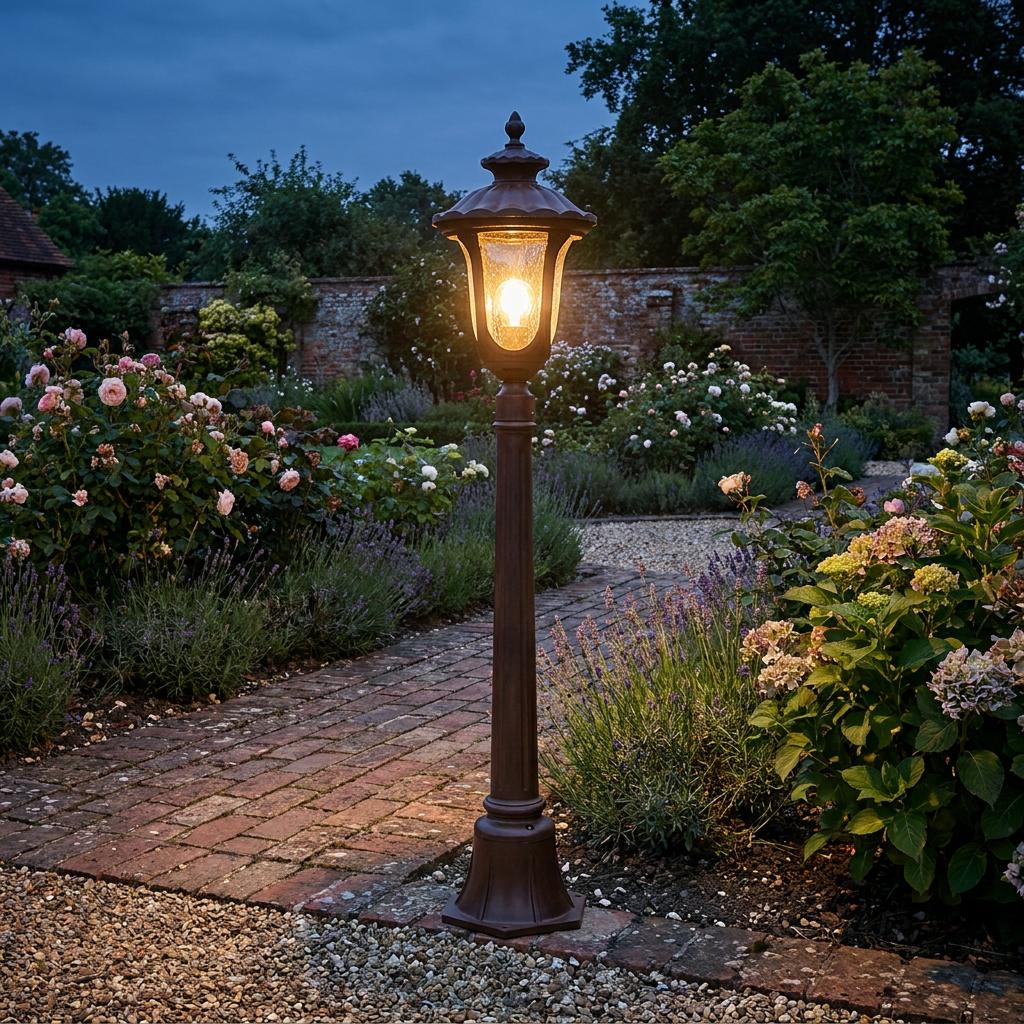 An illuminated Chicago bronze patina outdoor bollard light stands along a brick path in a lush evening garden.
