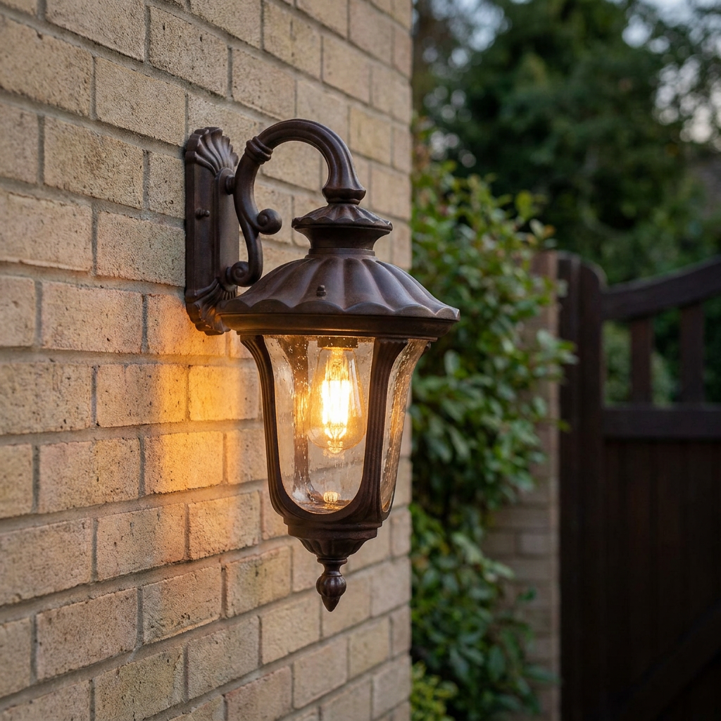 A traditional rusty bronze outdoor wall lantern with seeded glass and a warm glowing bulb on a brick wall.