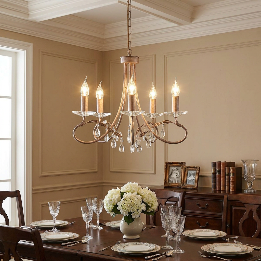 Elstead Christina 5-light silver and gold chandelier with crystal droplets hanging over a dining table.