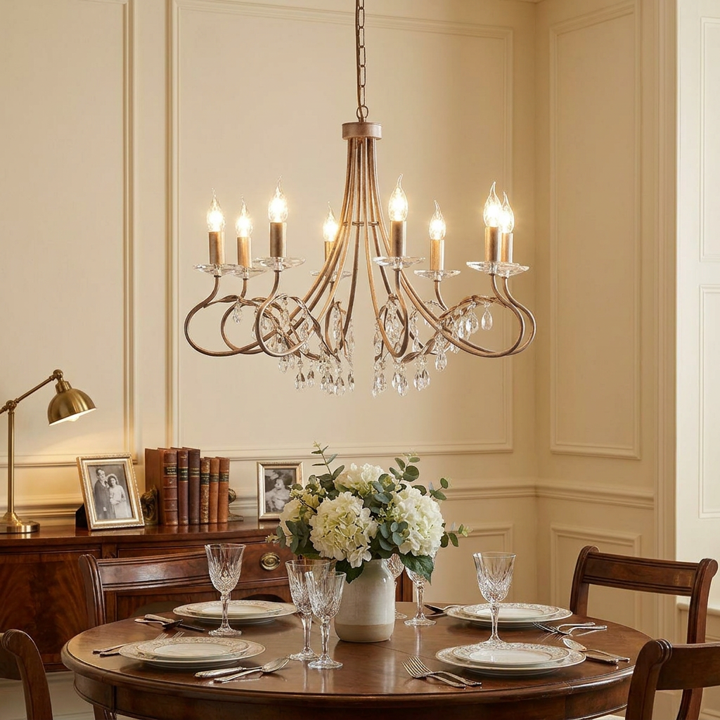 Elstead Christina 8-light chandelier in silver and gold hanging above an elegantly set dining table.