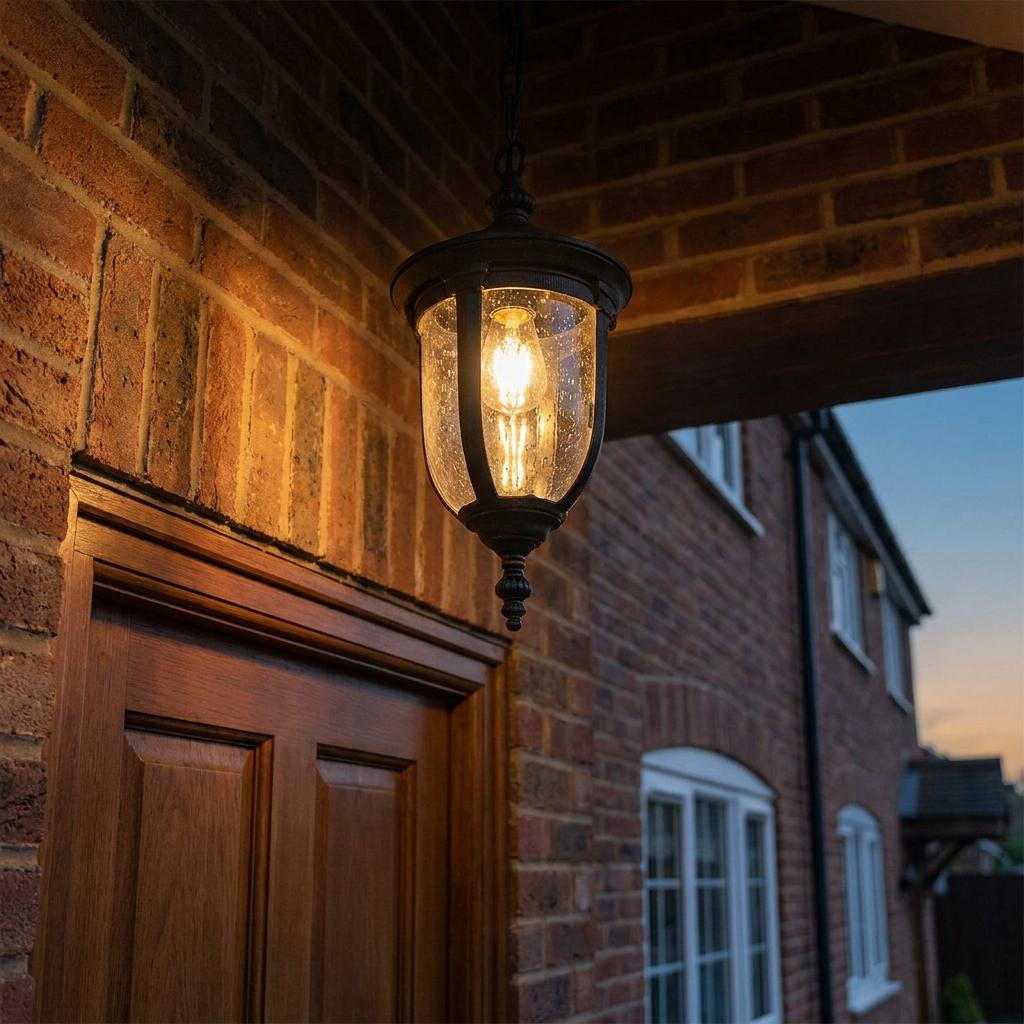A bronze outdoor lantern with seeded glass hangs illuminated under a porch next to a wooden door at dusk.
