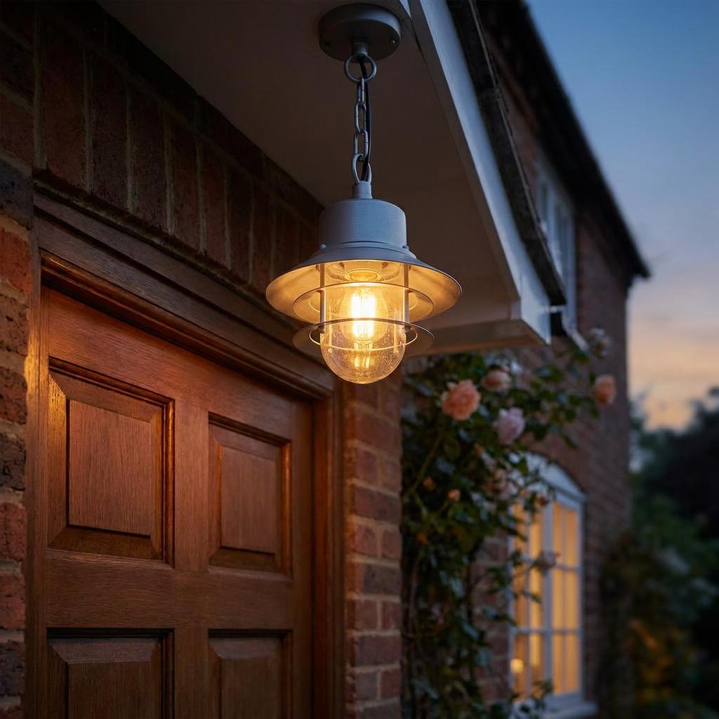 Silver outdoor chain lantern with a warm glowing bulb hanging from a porch above a wooden door.