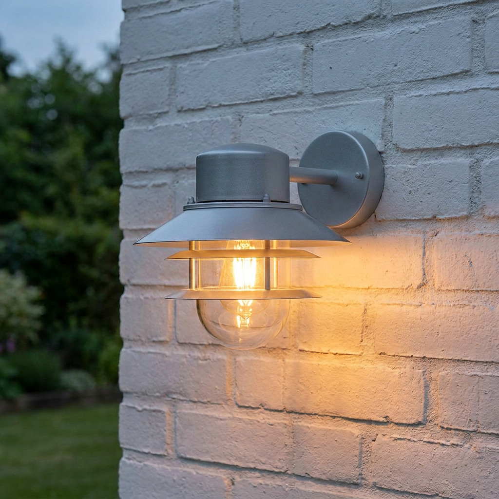 Illuminated silver Scandinavian-style outdoor wall light with layered tiers on a white brick wall.