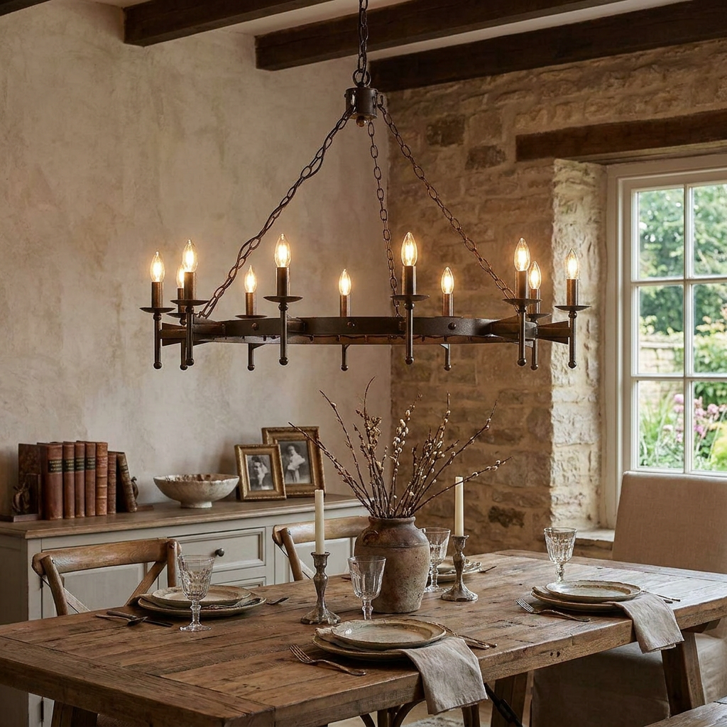 Twelve-light old bronze medieval hoop chandelier hanging over a rustic dining table in a stone-walled room.