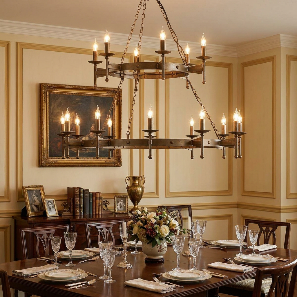 Medieval-style old bronze 18-light chandelier hanging above a set formal dining table in a traditional room.