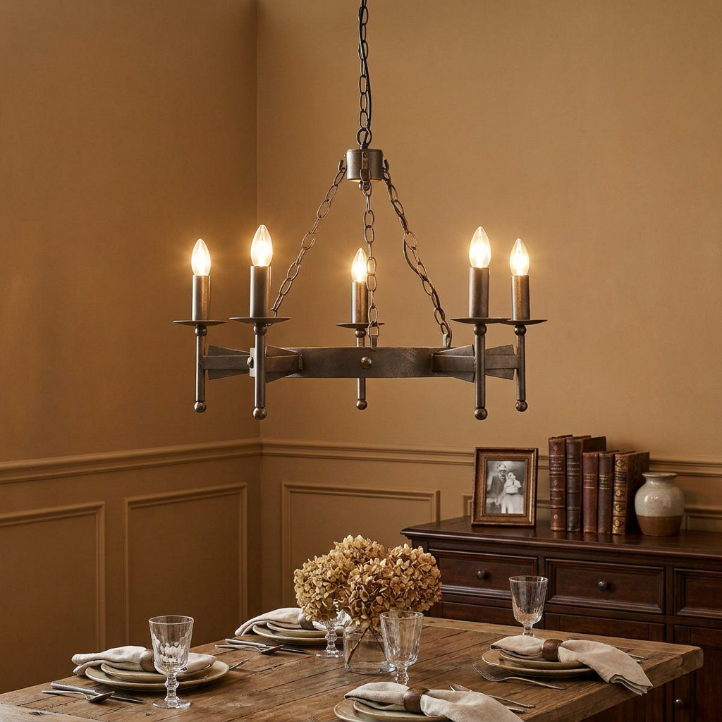 Rustic 5-light olde bronze chandelier hanging above a set wooden dining table in a warm-toned room.