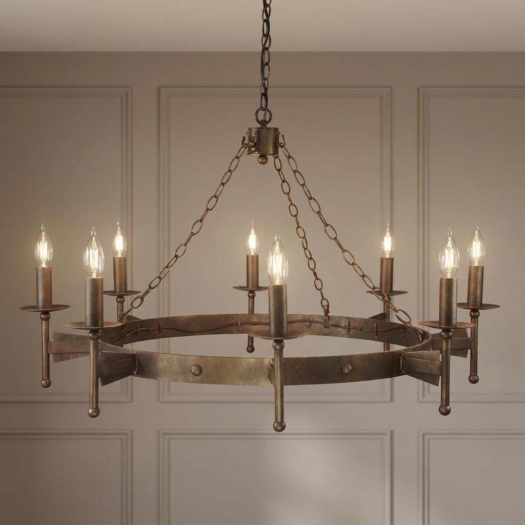 Cromwell 8-light olde bronze chandelier with a medieval iron ring design and candle-style bulbs.