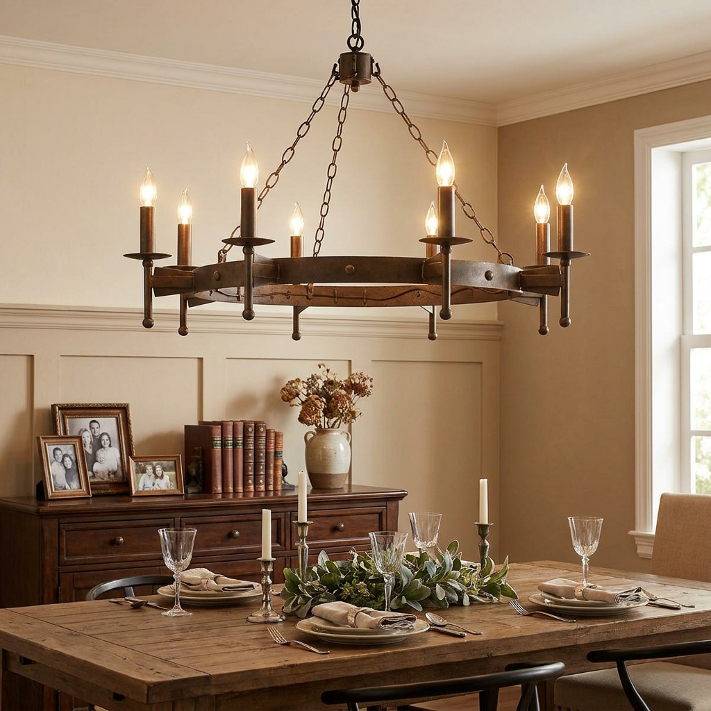 Elstead Cromwell 8 light olde bronze chandelier hanging over a rustic dining table in a traditional room.