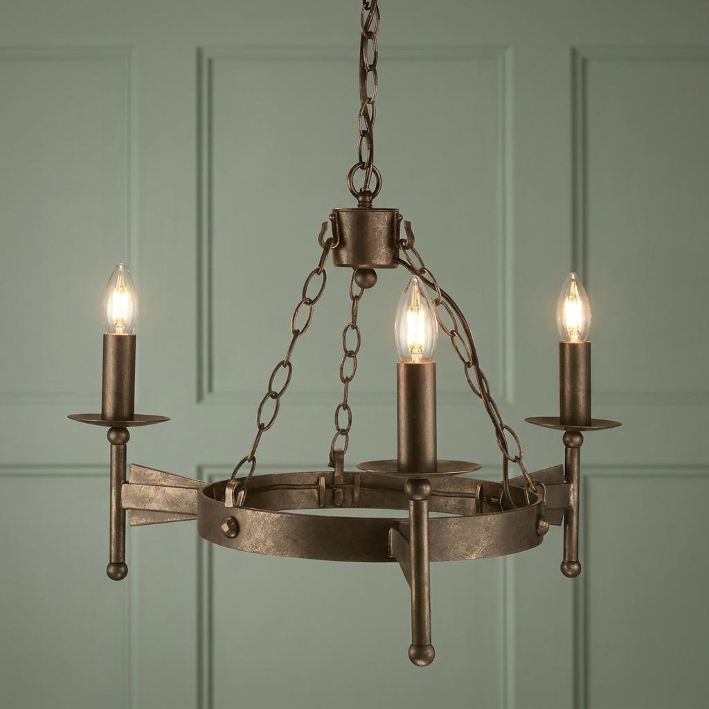 Elstead Cromwell Olde Bronze 3 Light Chandelier with a rustic hoop design and candle-like bulbs.