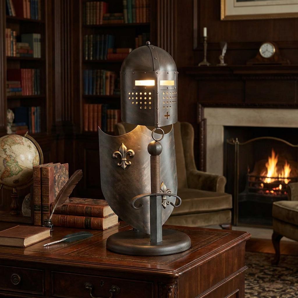 Bronze table lamp with a medieval helmet and shield design on a wooden desk in a classic library setting.