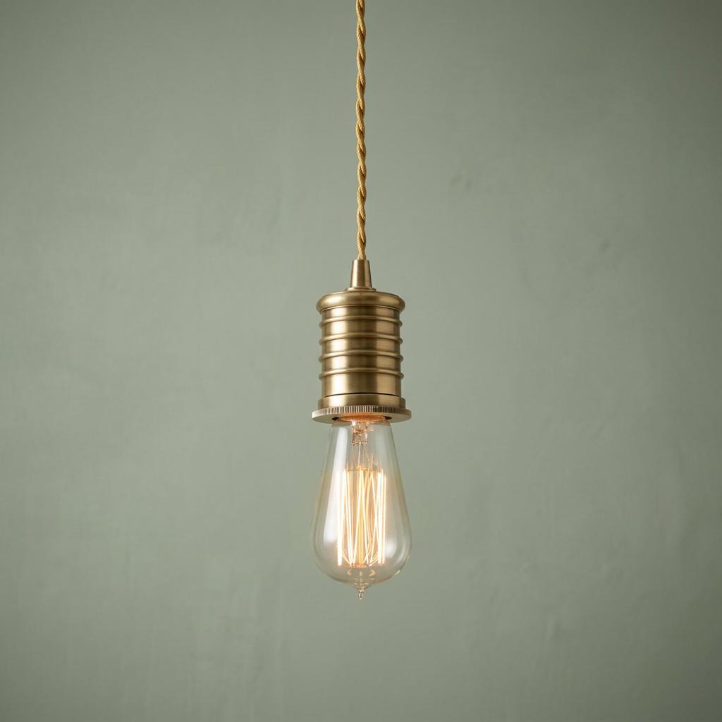 Aged brass industrial pendant light with an Edison filament bulb against a muted green wall.