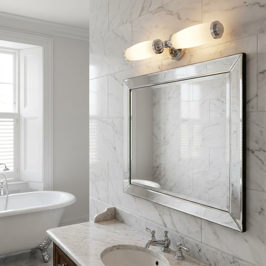 Elstead Eliot polished chrome twin arm wall light with opal shades mounted above a mirror in a marble bathroom.
