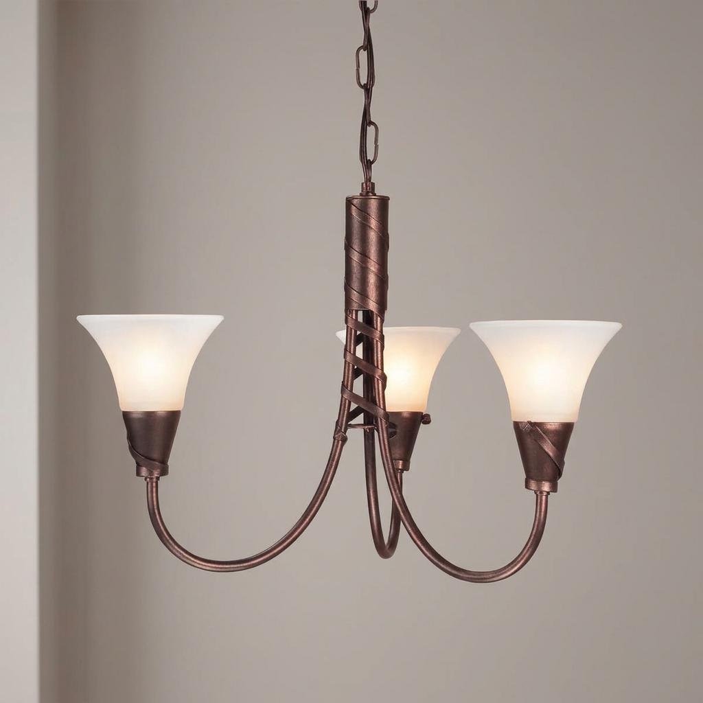 Three-light copper chandelier with frosted trumpet shades and twisted metal detailing against a neutral wall.