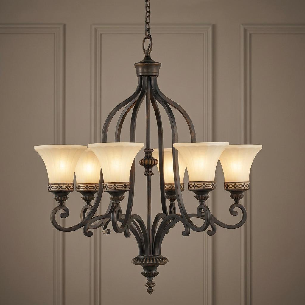 6-light chandelier with walnut finish, scrolled arms, and cream glass shades against a paneled wall.