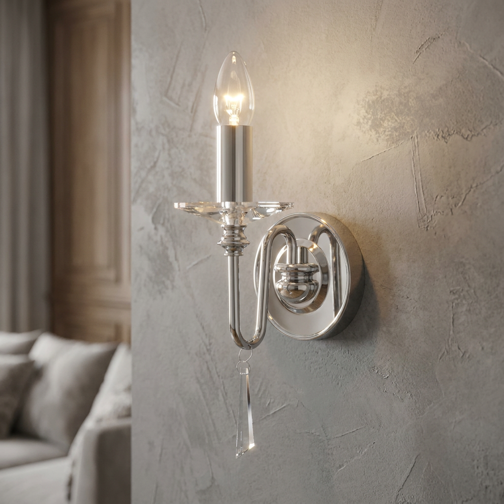 Elstead Finsbury Park chrome wall light with a candle bulb and crystal pendant on a textured gray wall.