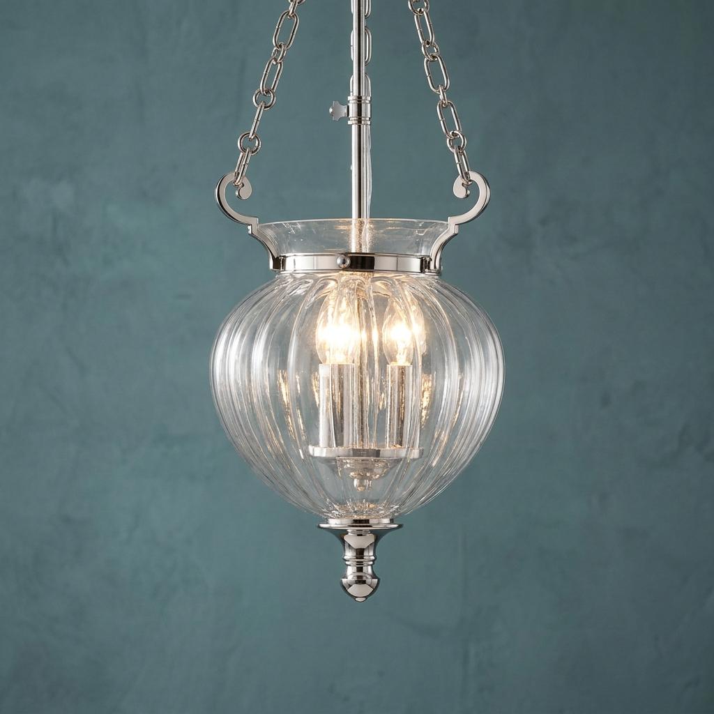 Elstead Finsbury Park nickel ceiling lantern with three lit bulbs and ribbed glass against a teal wall.