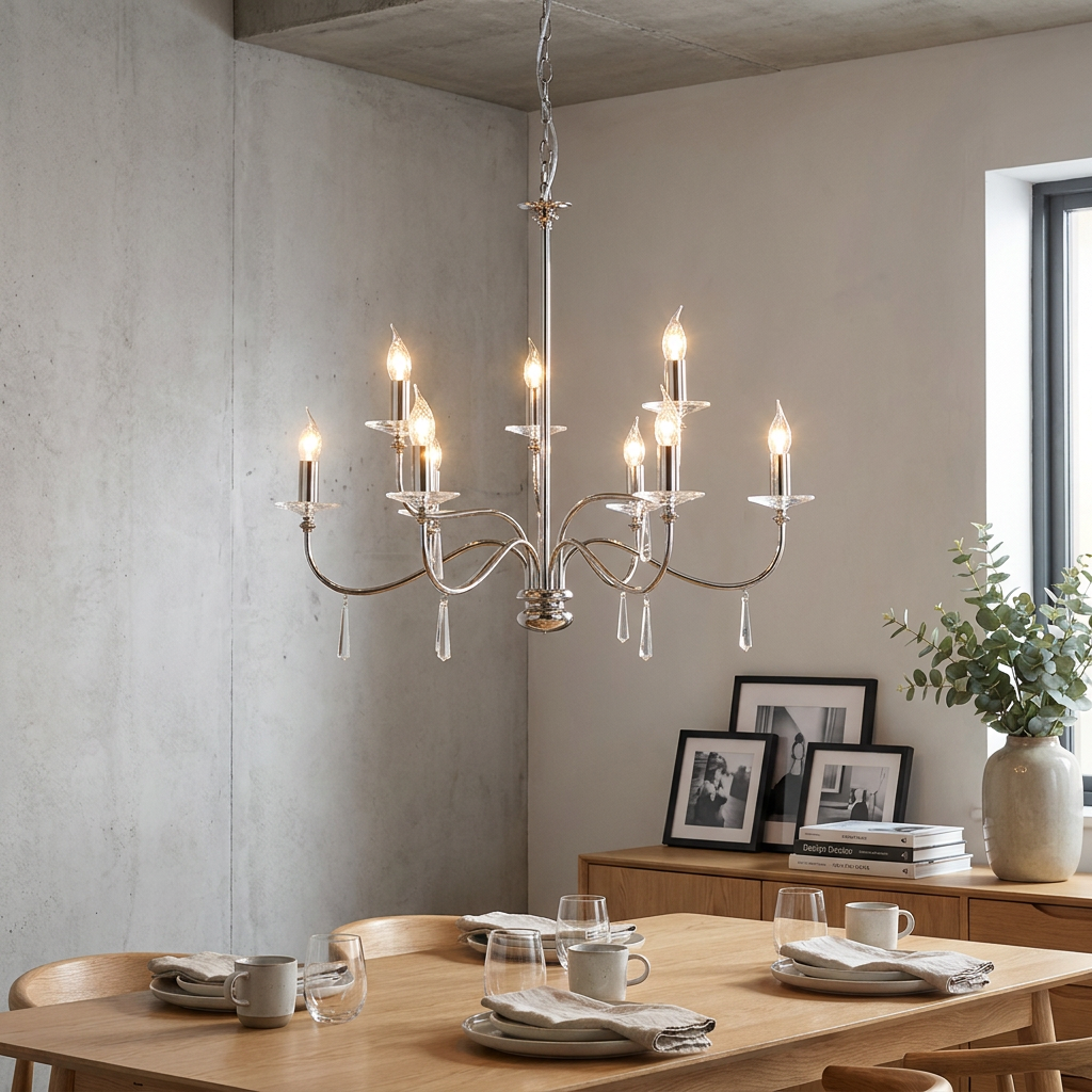 A nine-light polished nickel chandelier with glass droplets hangs over a modern wooden dining table.
