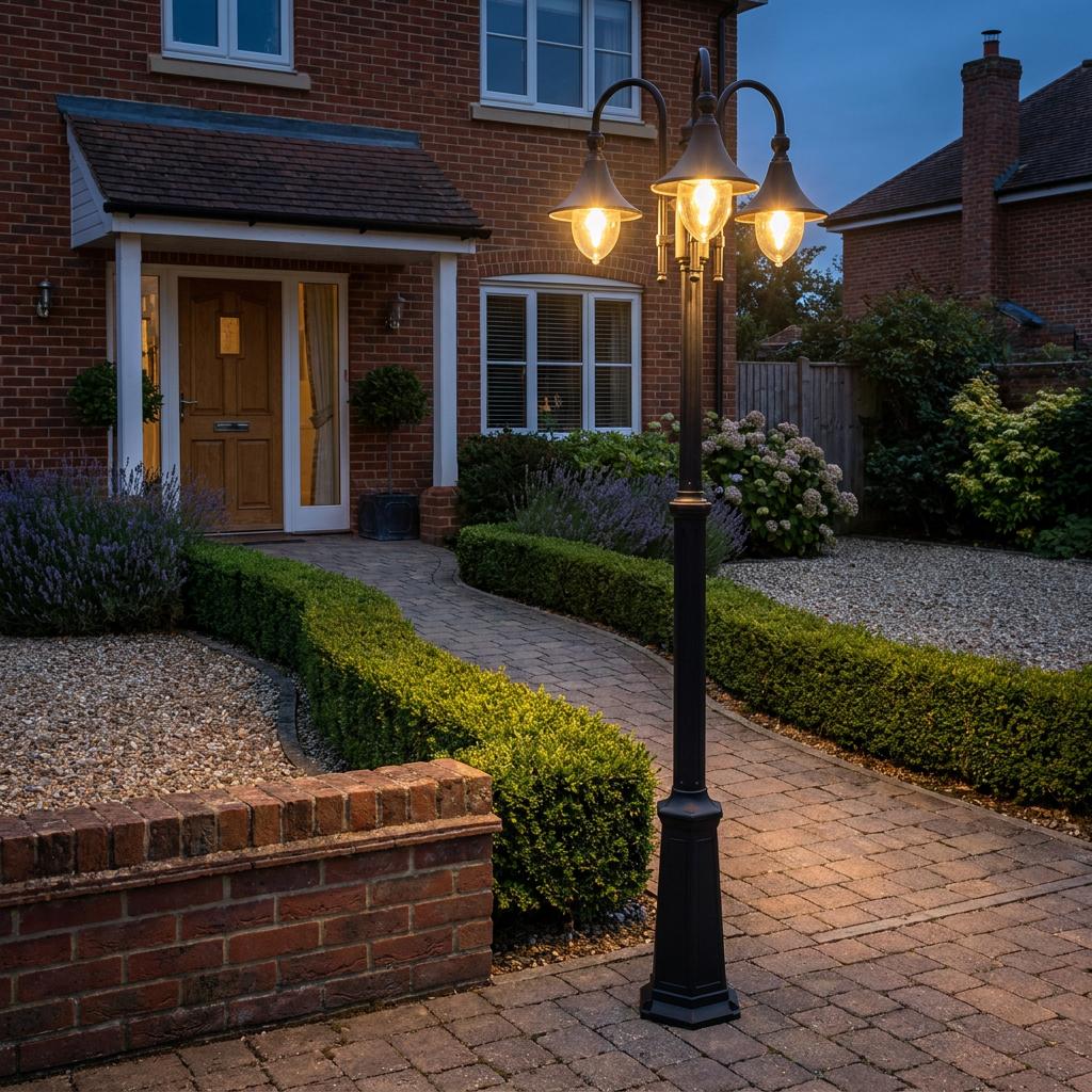Three-headed Elstead Firenze black outdoor lamp post illuminating a brick garden path at dusk.