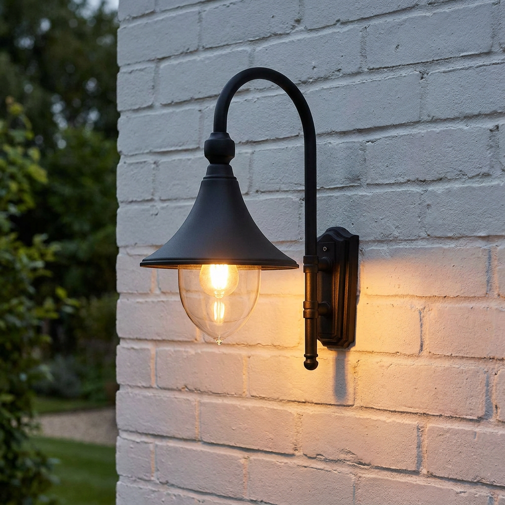 Elstead Firenze black outdoor wall light with a curved arm and glowing bulb on a white brick wall.