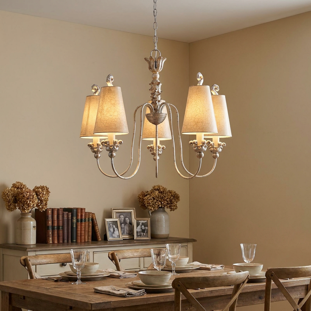 Elstead Flambeau Remi 5-light silver chandelier with fabric shades hanging over a rustic wooden dining table.
