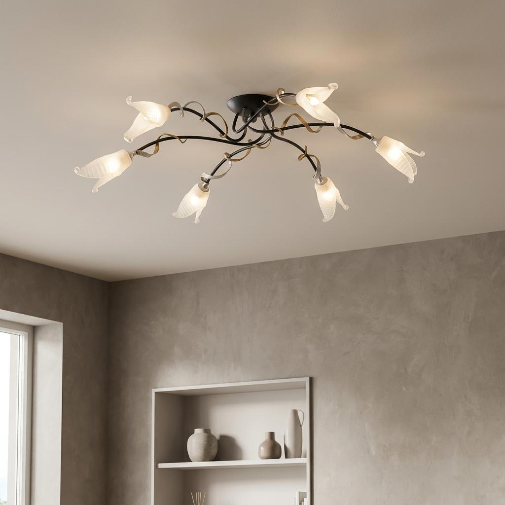 Six-light semi-flush ceiling light with black vine-like arms and white frosted lily-shaped glass shades.
