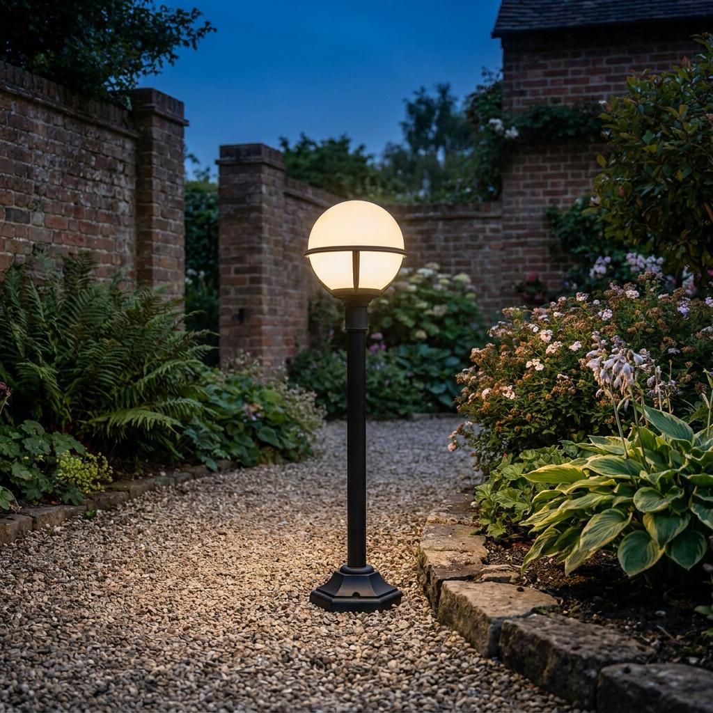 An Elstead Glenbeigh black outdoor bollard light with an illuminated globe shade on a gravel garden path.