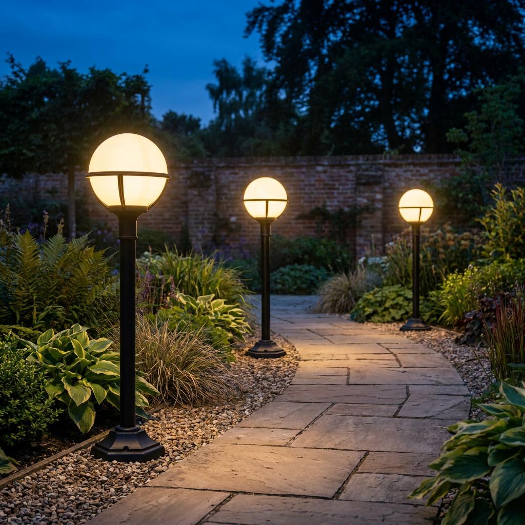 Three black outdoor bollard lights with glowing globes illuminate a stone garden path at twilight.