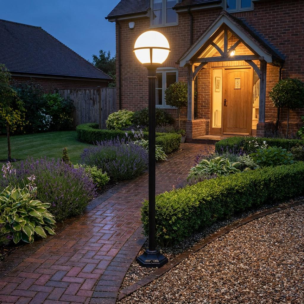 A black Elstead Glenbeigh outdoor lamp post illuminates a brick garden path leading to a house at dusk.