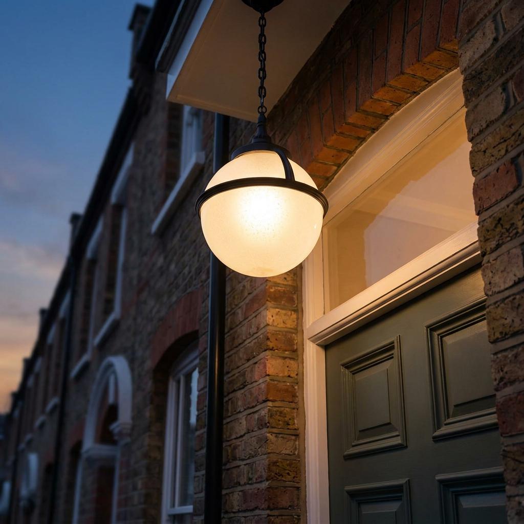 Illuminated globe pendant light with a black frame hanging above a green front door on a brick building at dusk.
