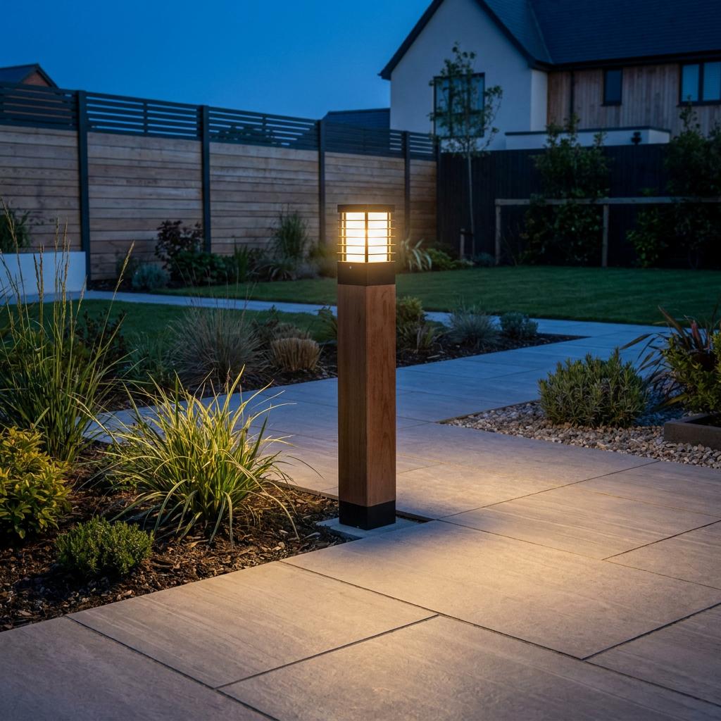 Scandinavian wood bollard light with a black lantern top illuminating a paved garden path at dusk.