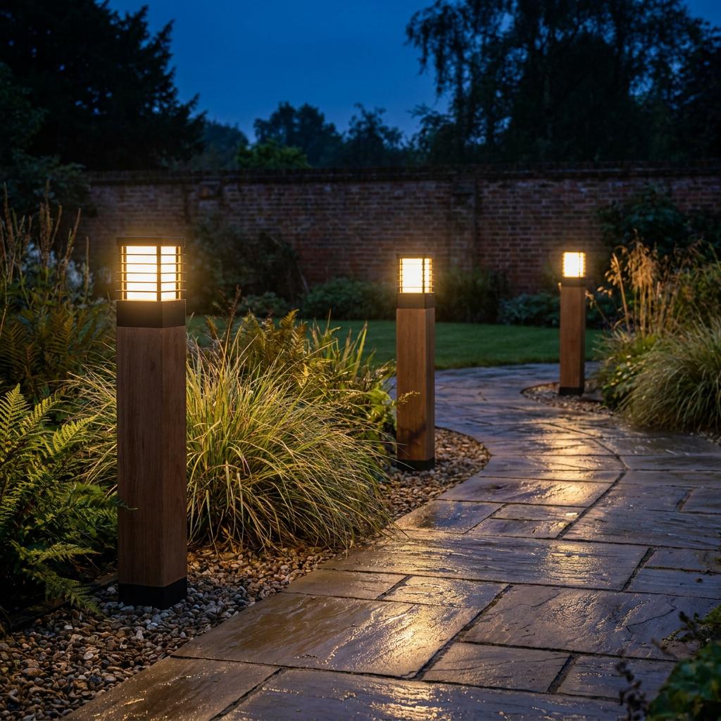 Three wooden bollard lights with black trim illuminate a winding stone path in a garden at dusk.