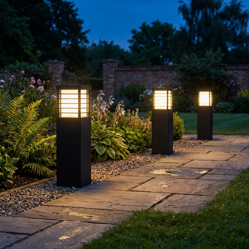 Elstead Halmstad black mini bollard lights with horizontal louvres line a flagstone garden path at night.