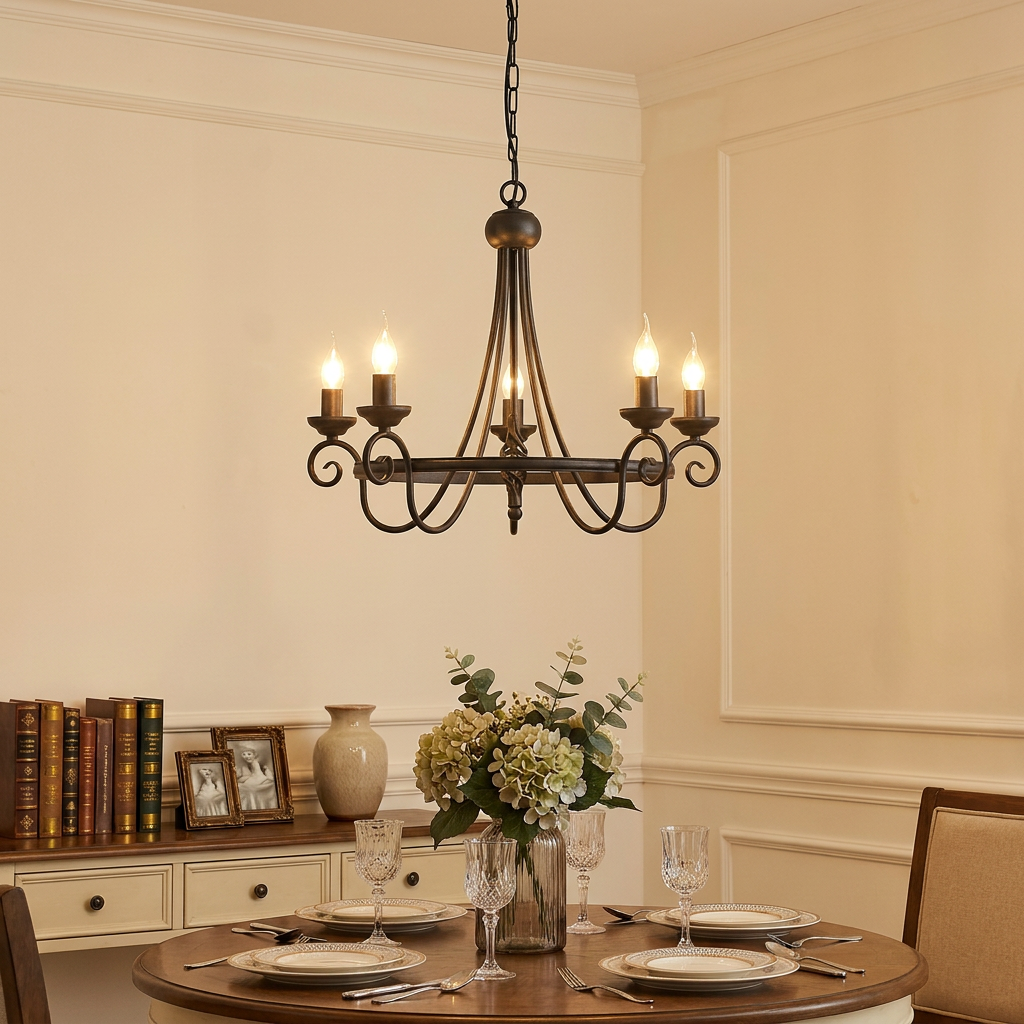 Elstead Harlech black 5-light chandelier hanging above a set dining table in a warm, traditional interior.