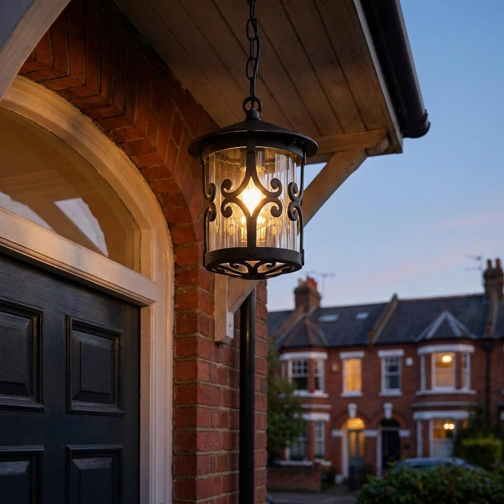 Black lantern pendant light with scrollwork glowing under a porch at dusk against a brick house.