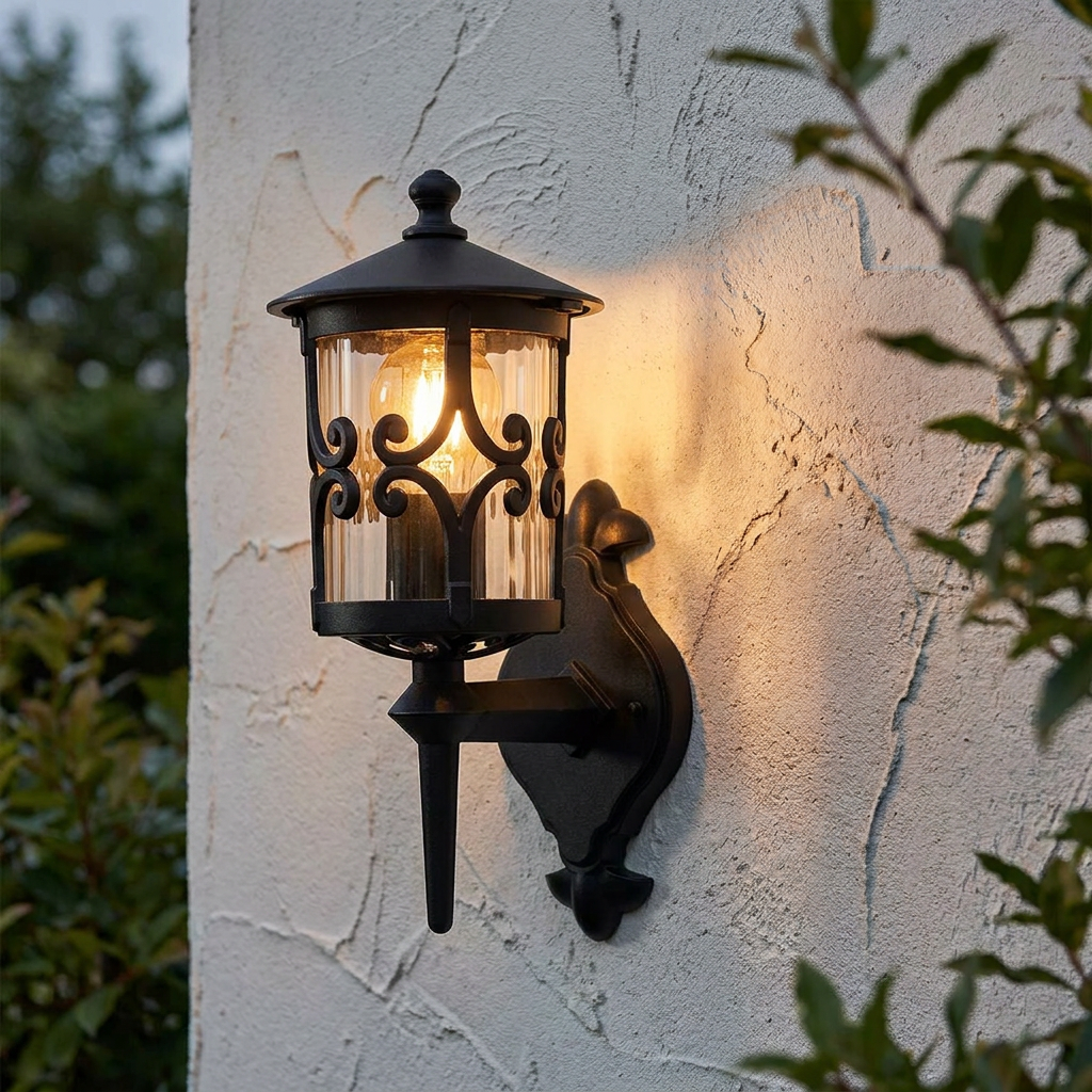 Traditional black outdoor lantern with scrollwork detail, lit on a textured white wall.
