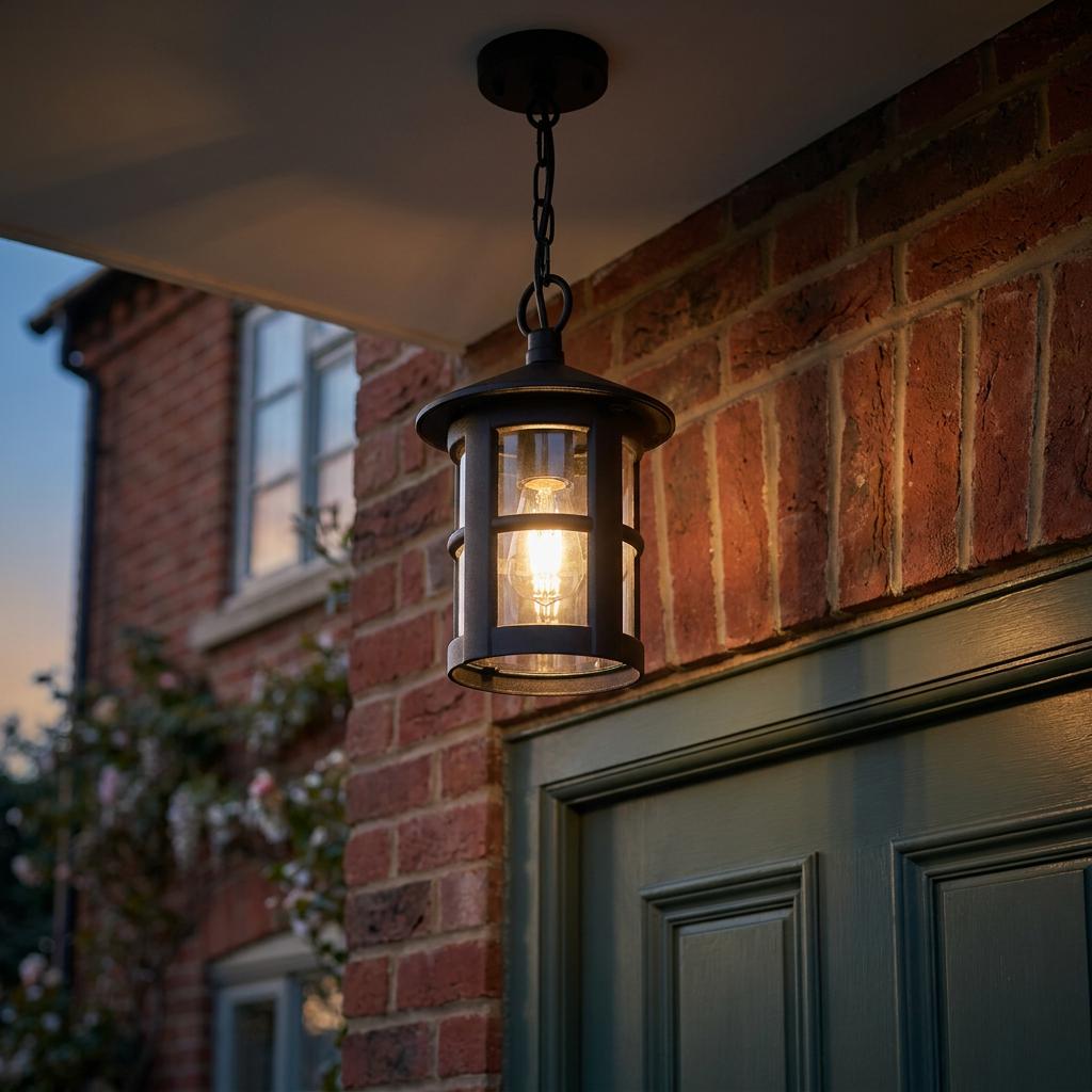 Black outdoor lantern pendant with a warm glowing bulb hanging from a porch ceiling against a red brick wall.