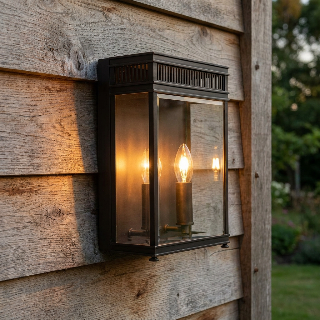 Elstead Holborn dark bronze outdoor wall lantern with glowing candle bulbs mounted on a rustic wooden wall.