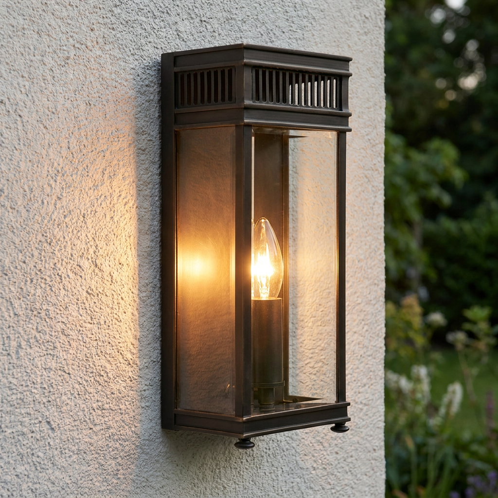 Elstead Holborn dark bronze outdoor wall lantern with a warm lit bulb mounted on a textured white wall.