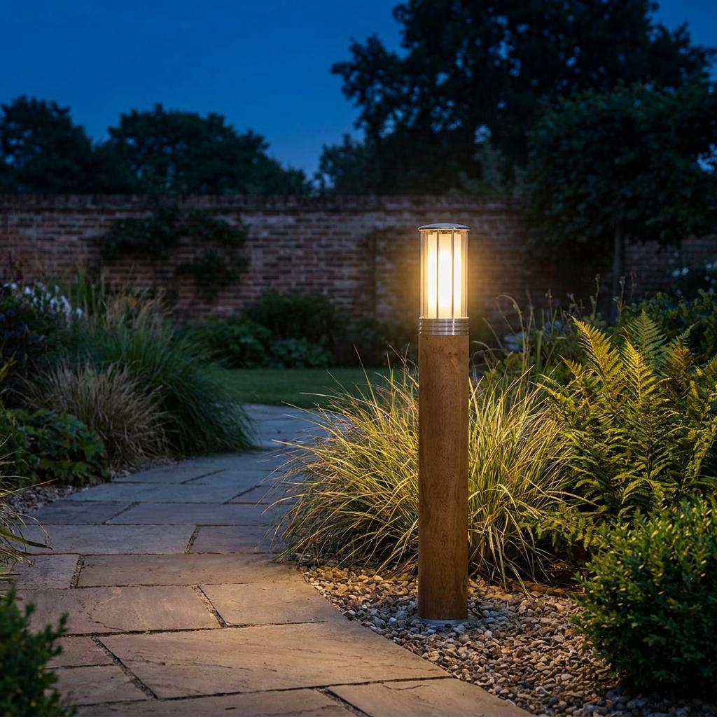 A wooden outdoor bollard light illuminates a stone path and lush garden plants at twilight.