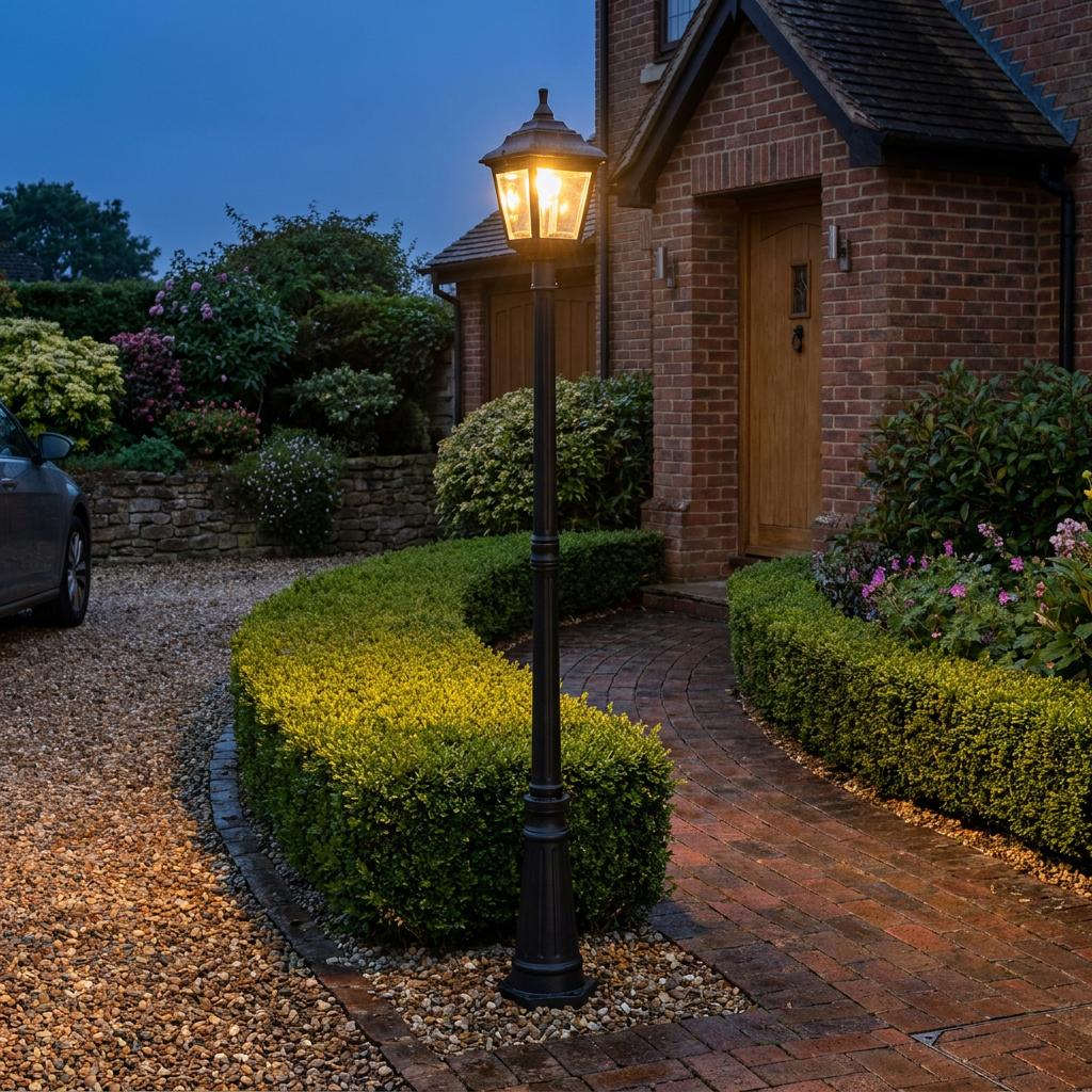 Traditional black outdoor lamp post illuminating a brick pathway and driveway at twilight.