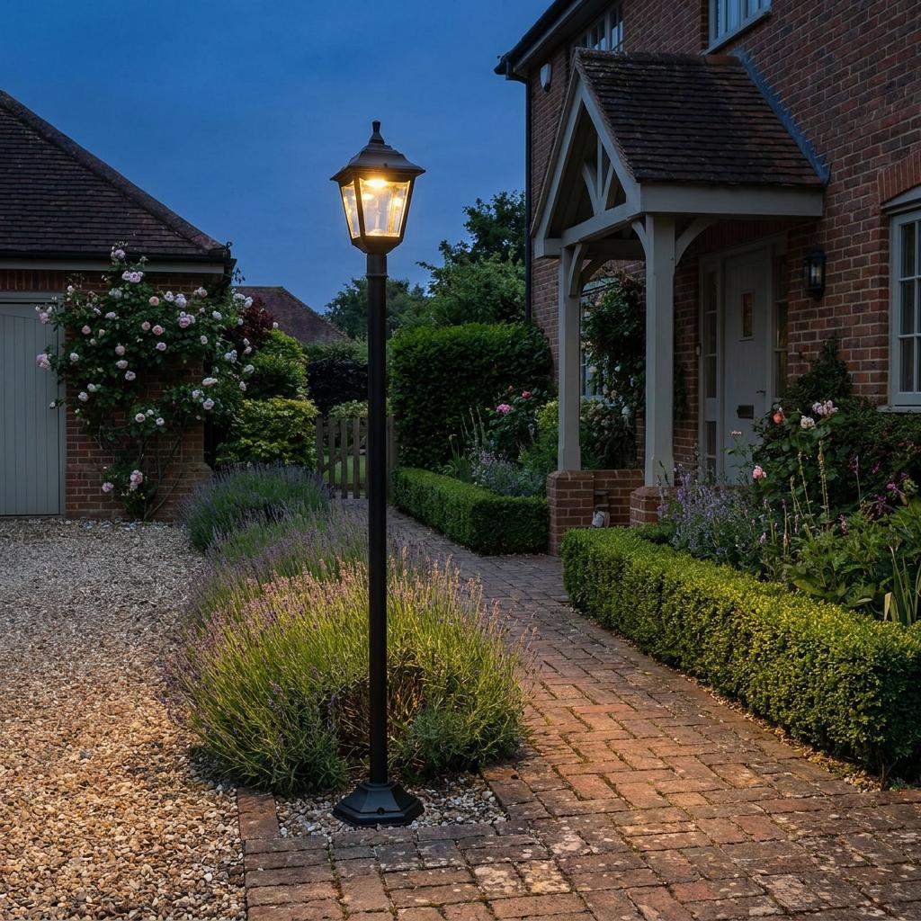 An Elstead Kerry black outdoor lamp post lighting a garden path at dusk near a brick house.