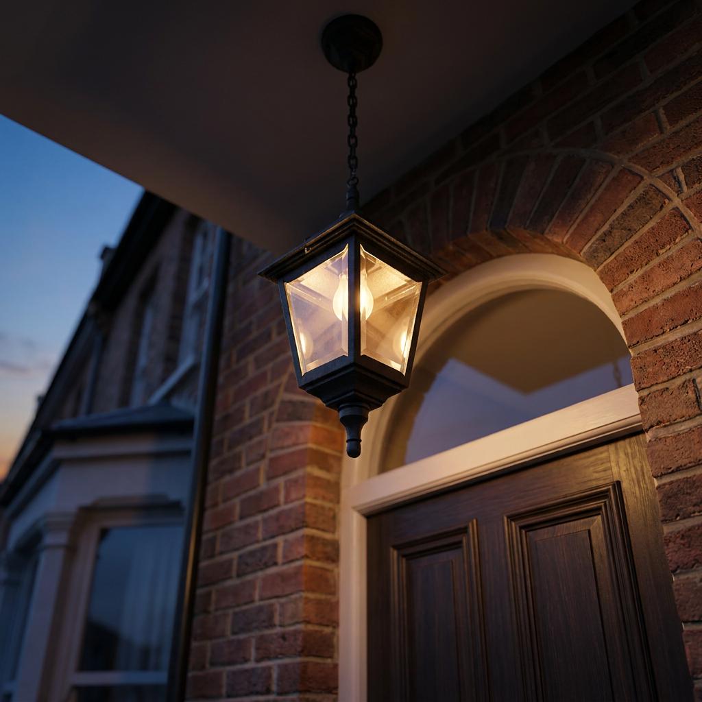 Black lantern pendant light hanging from a porch ceiling, illuminated outside a brick home at dusk.
