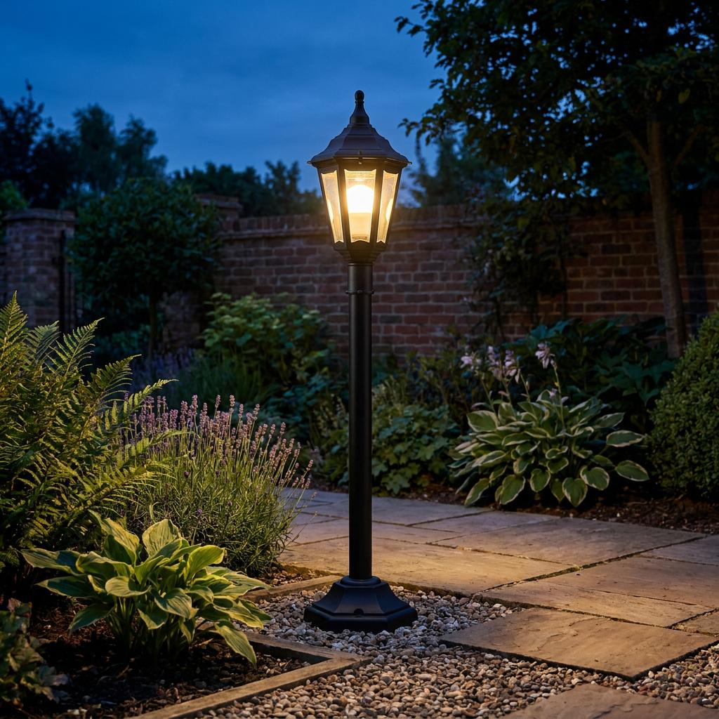 A black Elstead Kinsale bollard light illuminating a garden path at dusk.