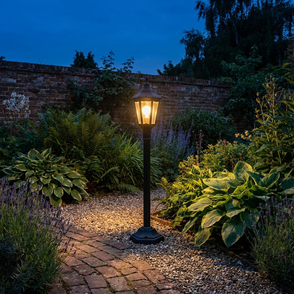 A black lantern bollard light illuminates a lush garden path with a warm glow at twilight.