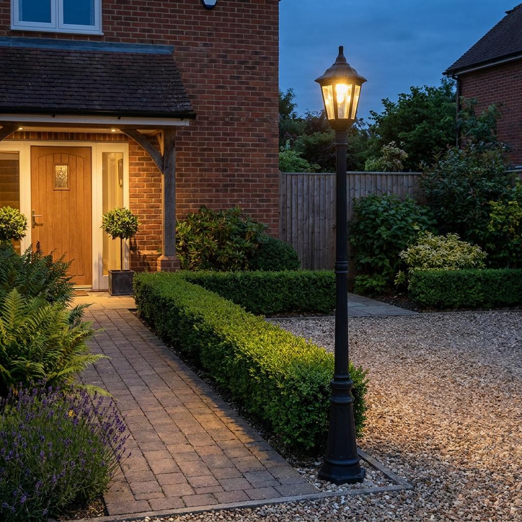 Elstead Kinsale black outdoor lamp post lighting up a garden path and gravel driveway at night.