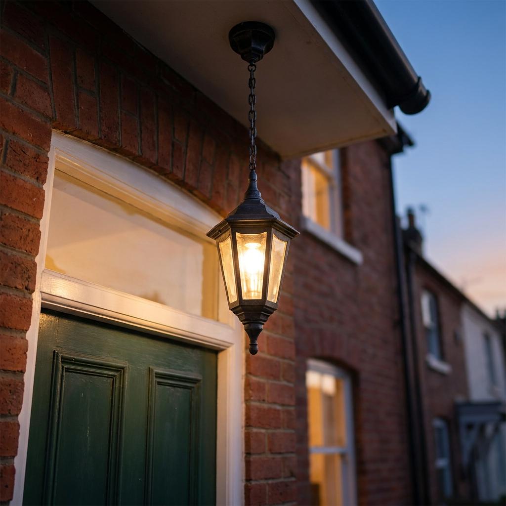 Lit black lantern pendant light hanging from a porch ceiling outside a brick house above a green front door.