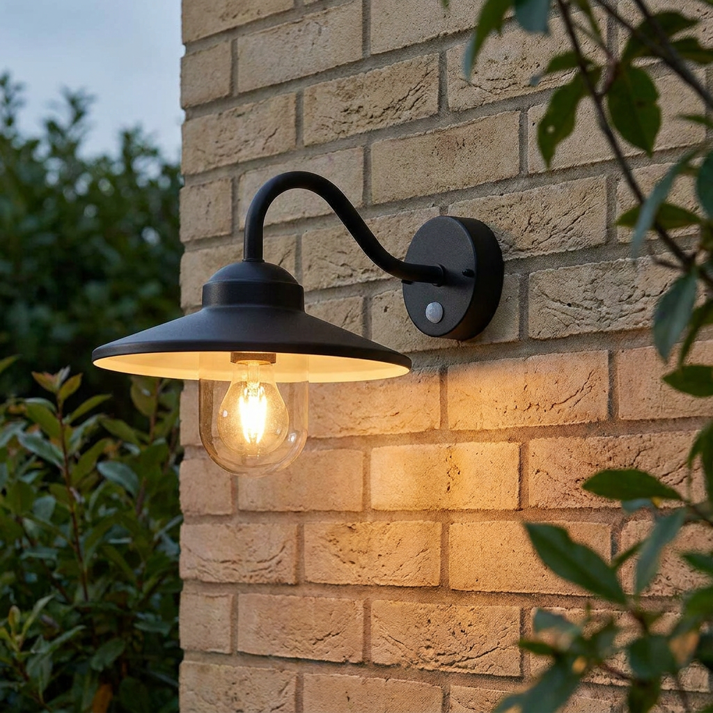 Black swan-neck outdoor wall light with a PIR sensor and warm glowing bulb mounted on a brick wall.